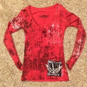 RARE AFFLICTION V-NECK WOMENS TOP W BRAIDED SLEEVES NWOT